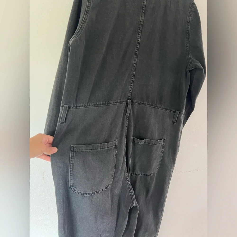 &Denim Washed Black Grey Long Sleeve Button Front Relaxed Fit Denim Jumpsuit - Picture 9 of 11